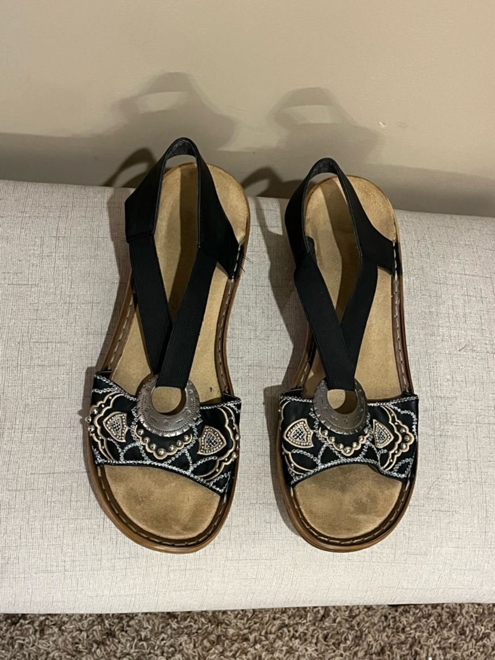 Rieker Regina B9 Black Embroidered Boho Slingback Sandals Silver Medallion, 42